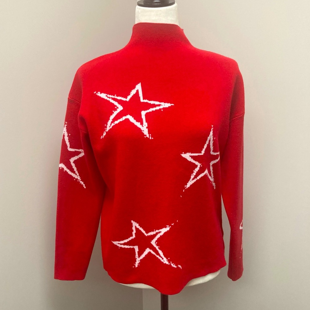 Tahari red sweater with high collar, with white stars
